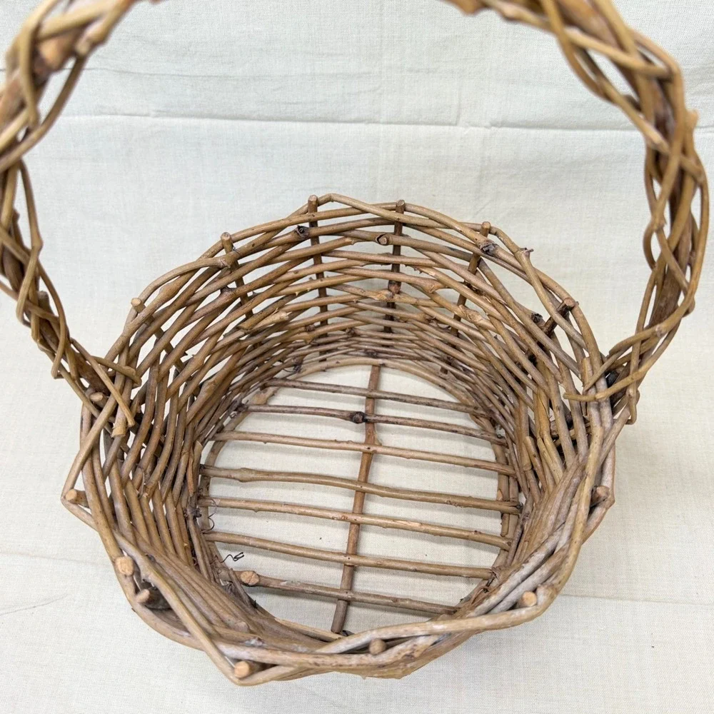 Rustic Woven Willow Branch Gathering Basket with Twisted Handle Brown Wood 1970s